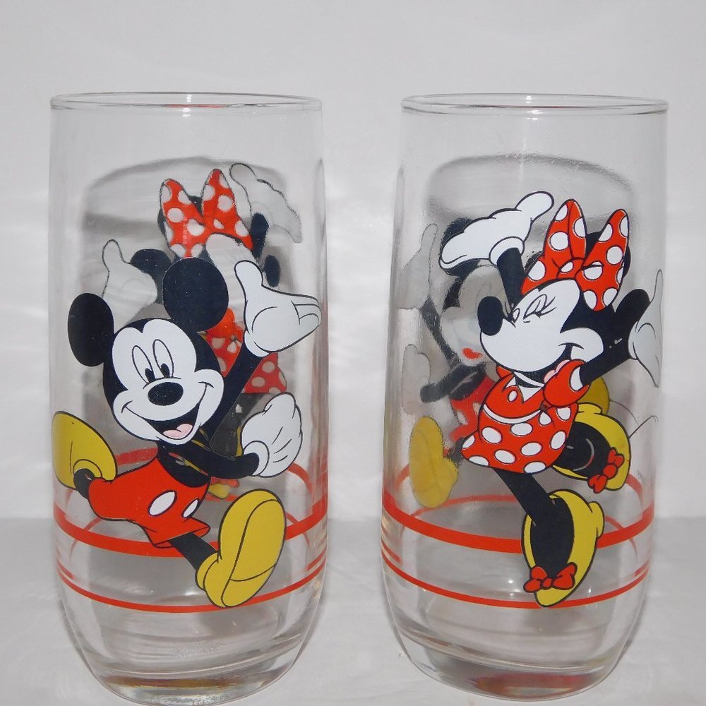 Set 2 Vintage Disney Mickey Minnie Mouse Drinking Glass Tumbler Anchor Hocking